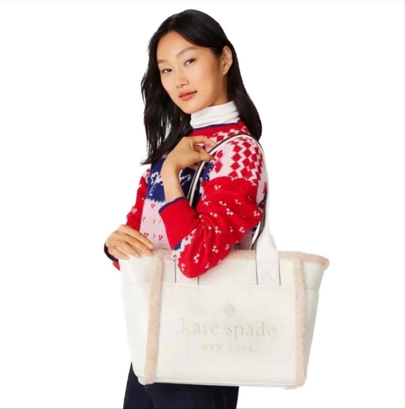 SOLD- Kate Spade Meringue Cream Off White  Shearling Trim Large Tote Bag Purse - Picture 14 of 16